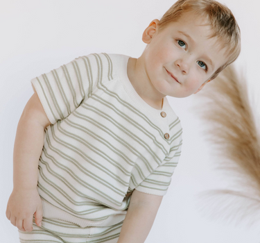 Little boy wearing organic cotton knit stripe short set in sage