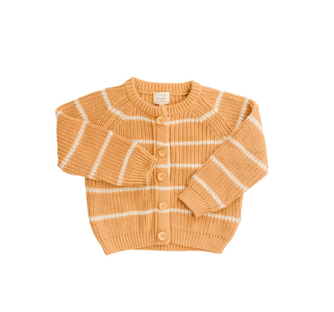Image shows organic cotton knit stripe cardigan with Magnetic Buttons for easy changing.