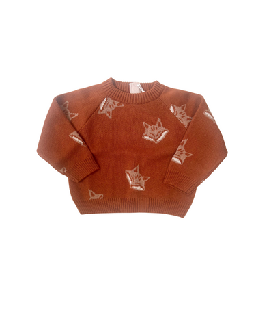 Flat lay image of organic cotton knit sweater with jacquard fox pattern in mocha.