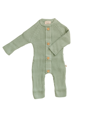 Image shows organic cotton knit romper in jade with Magnetic Buttons for easy changing from neck to crotch.