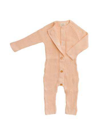 Image shows organic cotton rib knit romper in raspberry macaron with Magnetic Buttons from neck to crotch.