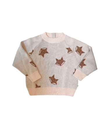 Flat lay image of organic cotton knit fox jacquard sweater in pale pink.