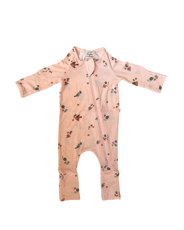 image shows modal convertible footy pajamas in birds print