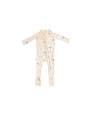Image shows modal convertible footy pajamas for infants and babies in zoo animal print