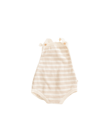 Image shows organic cotton knit bubble romper in mushroom beige stripes with adjustable shoulder straps and magnetic closures at the crotch for easy changing.