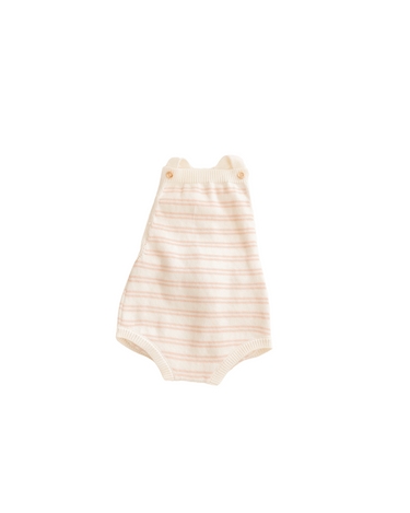 Image shows organic cotton knit bubble romper in pink stripe with adjustable shoulder straps and magnetic closures at the crotch for easy changing.