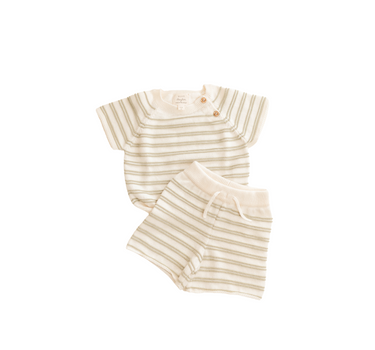 Image shows organic cotton knit stripe tee and short set in jade green stripe.
