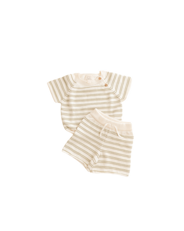 Image shows organic cotton knit stripe tee and short set in jade green stripe.