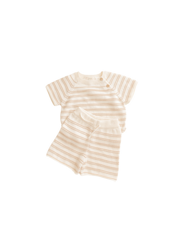 Image shows organic cotton knit stripe tee and short set in mushroom beige stripe.