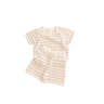 Image shows organic cotton knit stripe tee and short set in mushroom beige stripe.