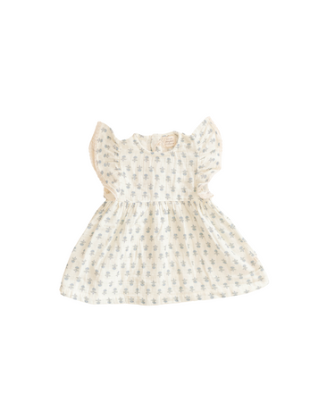 Image shows organic cotton muslin flutter sleeve dress in cheerful floral.
