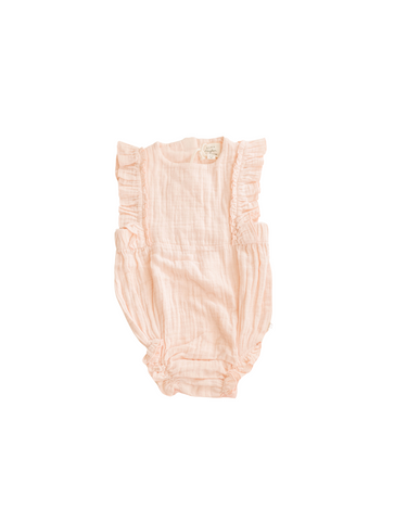 Image shows organic cotton muslin flutter sleeve romper with magnetic closures at the crotch for easy changing in orchid pink.