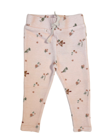 Flat lay image of organic cotton waffle legging in bird print.