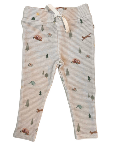 Flat lay image of organic cotton waffle leggings in camping print.