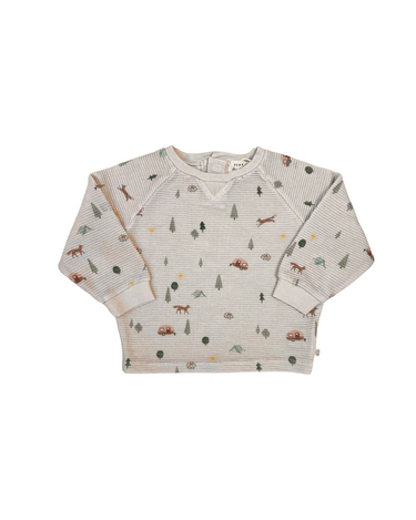 Flat lay image of organic cotton waffle long sleeve tee in camping print.