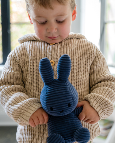 Image shows toddler boy wearing pima cotton knit waffle hoody in oatmeal.