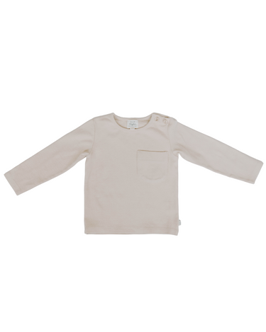 Flat lay image of organic cotton soft long sleeve tee in neutral solid sand color.