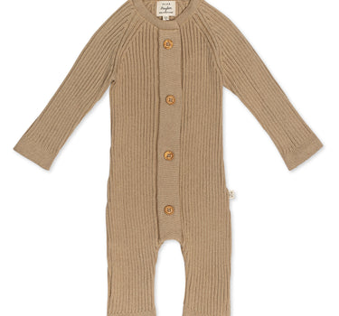 100% organic cotton rib knit romper with Magnetic Buttons in sandcastle.