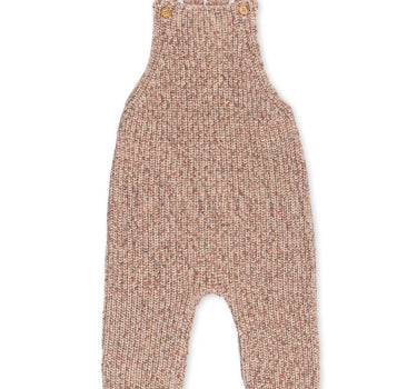 Picture of rose marble knit overalls in organic cotton with adjustable wood buttons for the perfect fit.