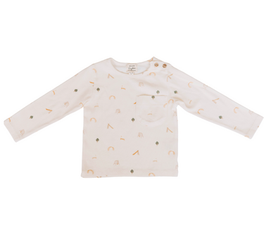 Flat lay image of organic cotton soft long sleeve tee in neutral playground print. 