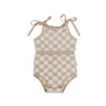 Picture of organic cotton knit bubble romper with tie strings at shoulders and hidden magnetic closures at crotch for easy changing in beige checkers color.