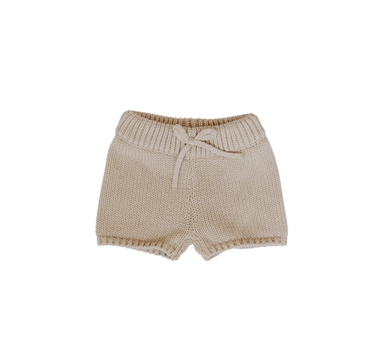 Flat lay image of organic cotton knit shorts with faux drawstring in sandcastle color. 
