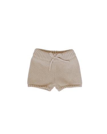 Flat lay image of organic cotton knit shorts with faux drawstring in sandcastle color. 