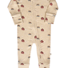 flat lay image of modal convertible footy pajamas in light beige color with farm print