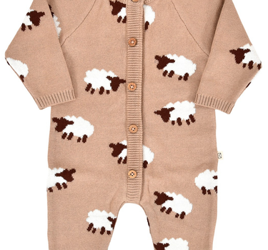 flat lay image of organic cotton beige romper with sheep jacquard pattern and magnetic buttons from neck to crotch