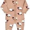 flat lay image of organic cotton beige romper with sheep jacquard pattern and magnetic buttons from neck to crotch