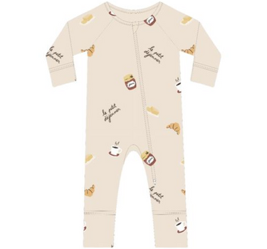 CAD image of modal convertible footy pajamas in Petit Déjeuner print with coffee mugs, croissants, butter, and jam.