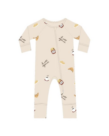 CAD image of modal convertible footy pajamas in Petit Déjeuner print with coffee mugs, croissants, butter, and jam.