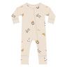 CAD image of modal convertible footy pajamas in Petit Déjeuner print with coffee mugs, croissants, butter, and jam.