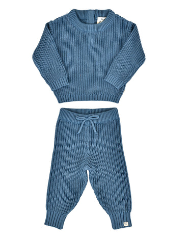 flat lay image of organic cotton chunky knit set in blue stone
