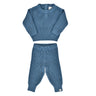 flat lay image of organic cotton chunky knit set in blue stone