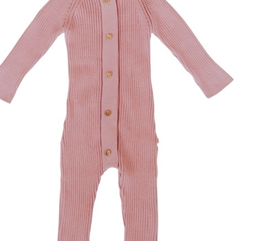 100% organic cotton rib knit romper with Magnetic Buttons in dusty rose.