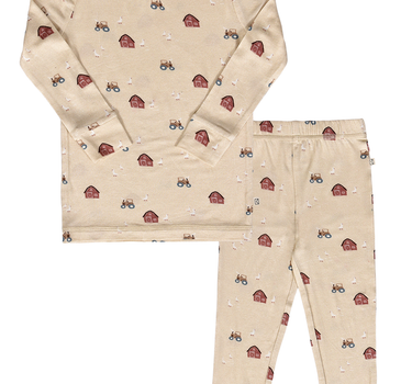 flat lay image of modal pajama set in light beige color with farm print