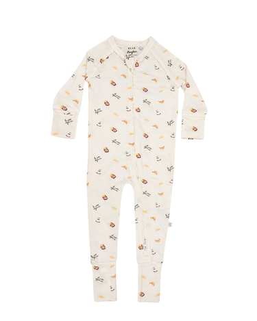 Flat lay image of modal convertible footy pajamas in petit dejeuner print. 