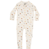 Flat lay image of modal convertible footy pajamas in petit dejeuner print. 