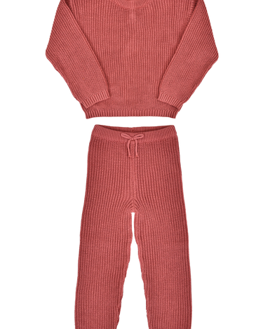 flat lay image of Dear Hayden organic cotton chunky knit set in rosewood pink