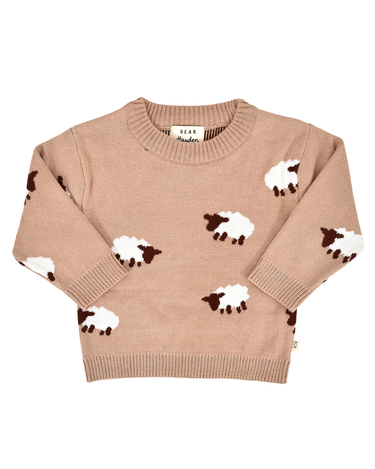 flat lay image of organic cotton sweater in beige color with sheep jacquard pattern