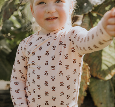 toddler girl wearing modal pajama set in light pink color with rose floral pattern