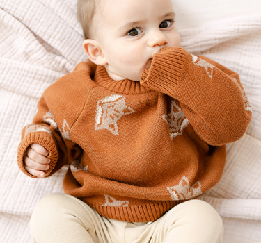 Image shows baby boy wearing organic cotton knit sweater with fox jacquard pattern in mocha. 