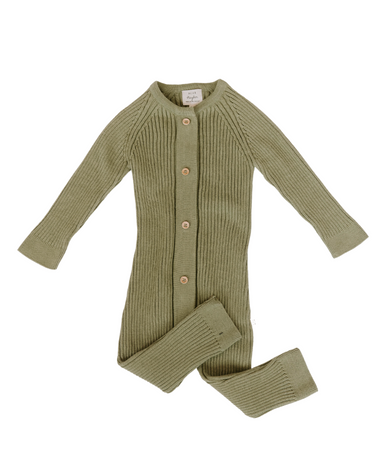 100% organic cotton rib knit romper with Magnetic Buttons in mossy green.