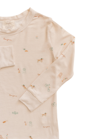 Photo shows close up of modal jersey pajama set top in Paris print.