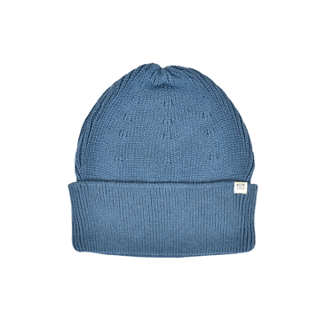 flat lay image of organic cotton knit beanie in bluestone color