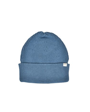 flat lay image of organic cotton knit beanie in bluestone color