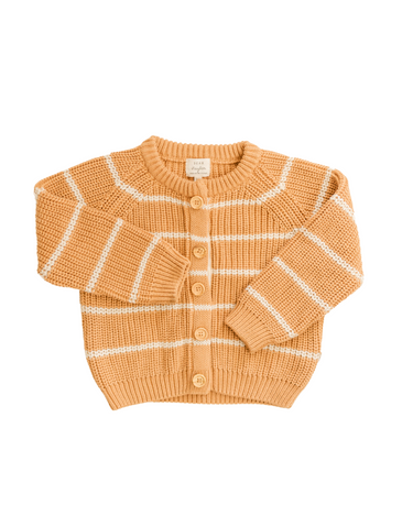 Image shows organic cotton knit stripe cardigan with Magnetic Buttons for easy changing.
