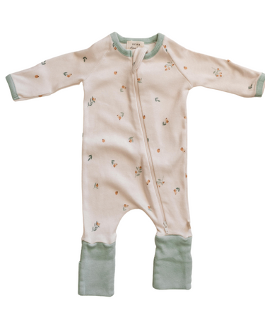 Image shows organic cotton modal rib footy pajamas in floral bud with a double zipper, reversible foot flaps, and reversible mittens.