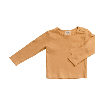 Image shows organic cotton modal rib long sleeve tee in acorn with pocket and Magnetic Button at neck.